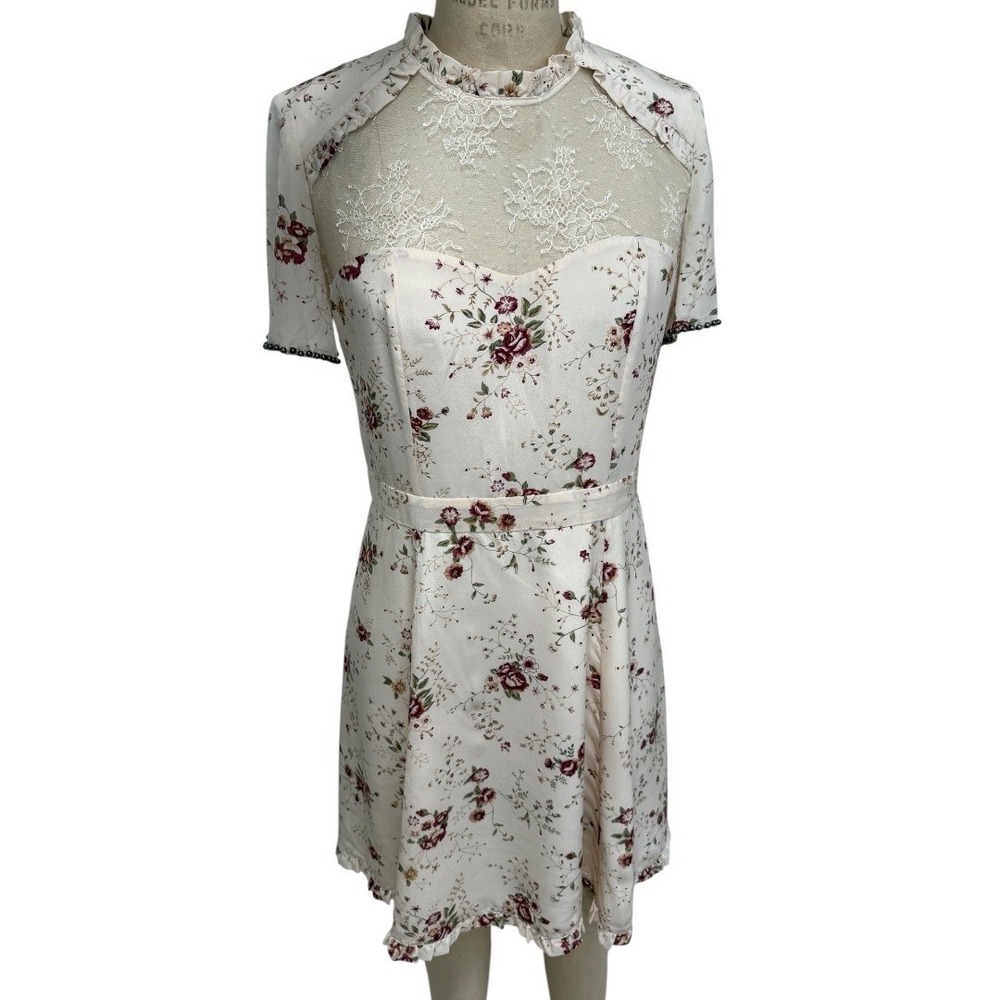The Kooples Dress Womens M Floral Lace Yoke Cream Ruffle Beaded Trim
